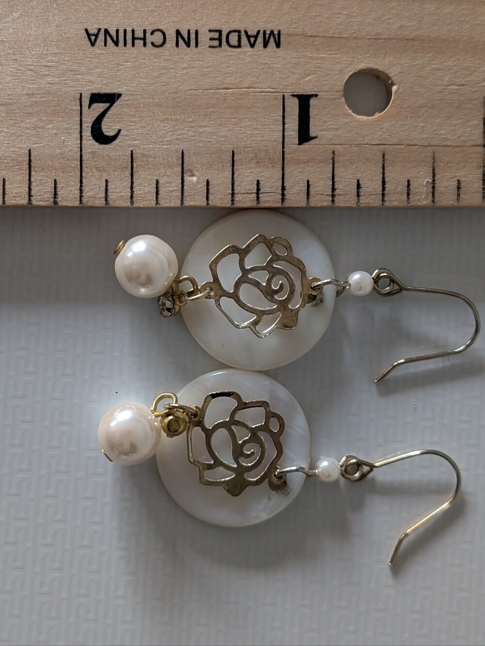Mother of Pearl & Faux Pearl Rose Dangle Earrings - Picture 5 of 6
